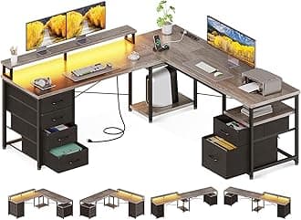 AODK 59" L Shaped Desk, 105" Computer Desk with File Cabinet & 4 Fabric Drawers, Home Office Desk with Monitor Shelf & Power Outlet, Two Person Desk or Corner Desk, Gaming Desk with LED Light, Grey