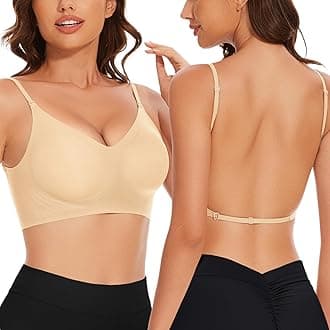 Low Back Bra Seamless Padded Bralettes for Women V Neck Mutiway Bras Halter Thin Strap Invisible Backless Bralette, Nude, XL