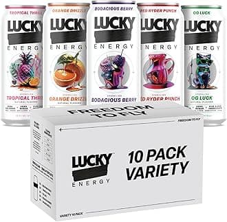 Lucky Energy Sugar Free Energy Drinks 16 Fl Oz Cans (Pack of 10) Healthy Energy Drink Variety Pack with Maca, Ginseng, Taurine, Beta-Alanine, 200mg Caffeine (Packaging may vary).
