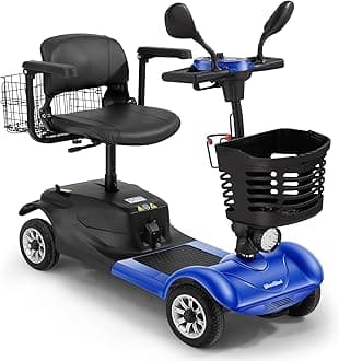 Heavy Duty 4-Wheel Mobility Scooter for Adults & Seniors, Foldable Compact Travel Scooter with Removable Basket, LED Lights & Long-Lasting Battery, Portable Design (Blue)