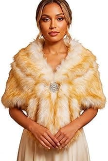 Aukmla Women's Wedding Fur Wraps and Shawls Bridal Fur Stoles Scarf with Rhinestones Brooch for Bride and Bridesmaids