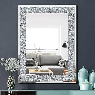 QMDECOR Crystal Crush Diamond Rectangle Silver Mirror for Wall Decoration 24x32inch Wall Hang Frameless Mirror Acrylic Diamond Decor.