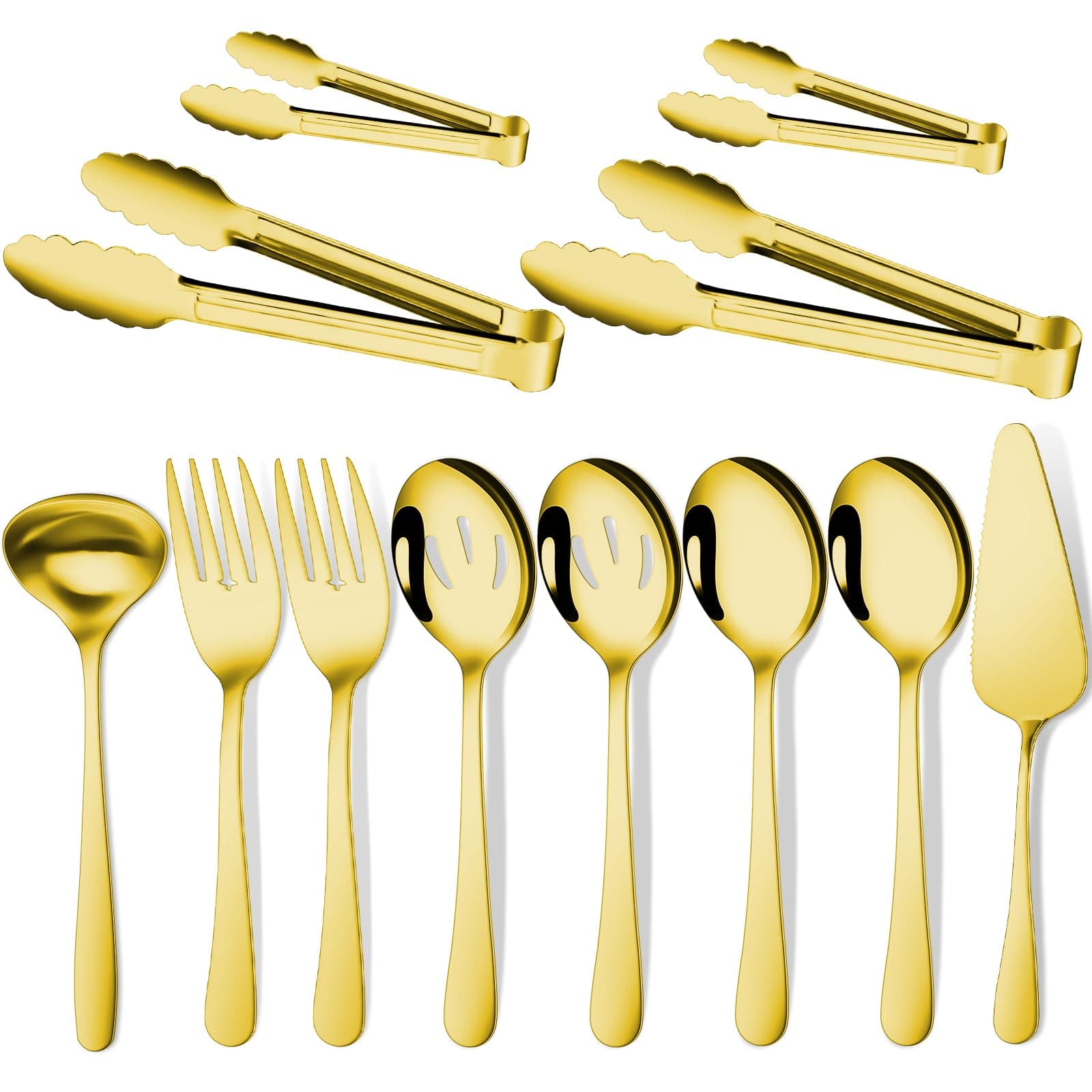 Gisly Gold 12 Pieces Serving Utensils Include Large Serving Spoons,Slotted Serving Spoons,Serving Forks,Serving Tongs,Appetizers Tongs,Soup Ladle and Pie Cake Server for Buffet Catering