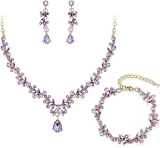 Bridal Jewelry Set for Women,Shiny Rhinestone Teardrop Leaf Cluster Statement Necklace Dangle Drop Earrings Link Bracelet for Wedding Party Prom Accessories