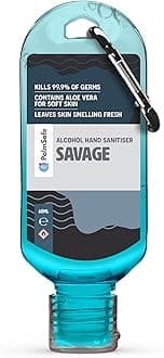 Savage 60ml Anti Bacterial Premium Hand Sanitiser Travel Size Refillable Clip Bottle Quick Drying Non Sticky Extra Moisturising Kills 99.9% of Viruses and Bacteria
