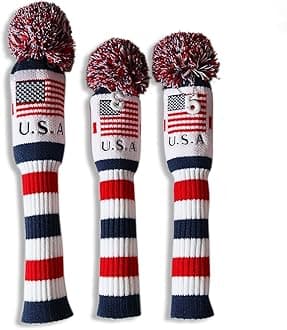 Craftsman Golf US Flag Knit Pom Pom White Blue Red Driver,Fairway Wood, Hybrid Head Cover Headcover for Callaway Mizuno Cobra Taylormade