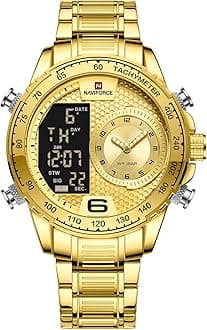 NAVIFORCE Watch for Men Dual Display Digital Quartz Watches Multifunctional Business Stainless Steel Wristwatch, Golden