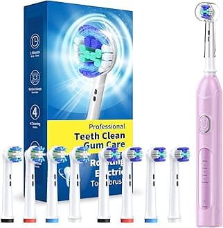 Rotating Electric Toothbrush for Adults, 4 Modes Deep Clean Electric Toothbrush with 8 Brush Heads (2 Types), 25-Days Rechargeable Power and 2 Min Smart Timer Purple