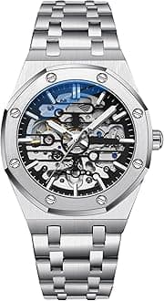 Herrenuhren Automatische Mechanische Uhr Leuchtend Uhr mit Edelstahl-Armband Skelett Militr Armbanduhr