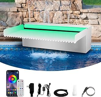 Waterfall Spillway Stainless Steel Pond Waterfalls with Color Changing LED Light, Outdoor Pool Fountain Water Feature Kit for Garden Patio Swimming Pool Koi Ponds Decor-12"x8"x4"