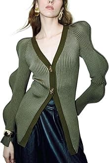 URBAN REVIVOWomen Long Wave Sleeves Cardigans V Neck Knit Sweater Glod Turnlock Closure Button Outwear Fall/Winter