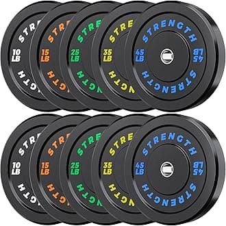 2-Inch Olympic Bumper Plates, 100% Virgin Rubber Low Bounce Barbell Weight Plates for Home Gym Strength Training, 10lb-45lb Black with Color-Coded