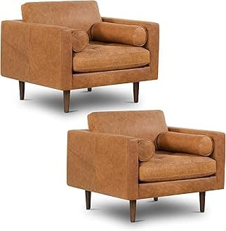 Napa Leather Accent Chairs 42" – Set of 2 - Mid Century Modern Armchair with Bolster Pillows, Living Room or Bedroom Chair in Cognac Tan