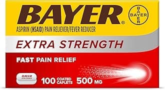 BayerExtra Strength Aspirin 500 mg Coated Tablets, Pain Reliever and Fever Reducer, 100 Count (Packaging May Vary)