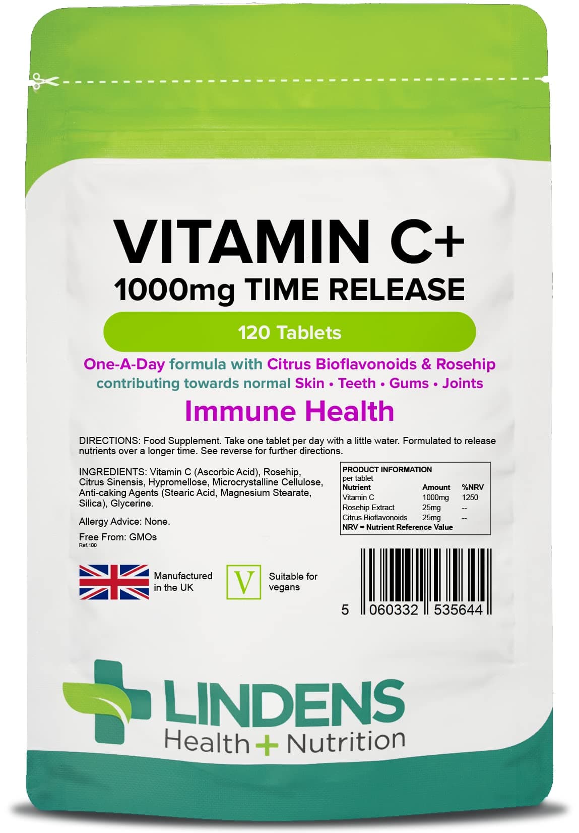 Vitamin C+ 1000mg - 120 Tablets - Time Release Tablets with Citrus Bioflavonoids and Rosehip - Contributes to Immune System Health, Reduces Tiredness and Supports Healthy Skin and Teeth