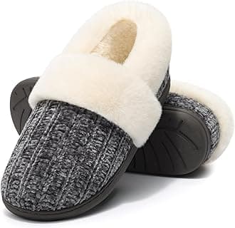 Women's Fuzzy Memory Foam Slippers, Closed Back Knit Bedroom Slippers, Slip-On Warm House Shoes for Indoor & Outdoor Comfort, Dark Grey, 5-6.5