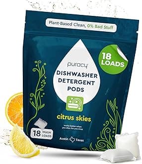 Puracy Dishwasher Pods, Natural Dishwasher Detergent, Free & Clear Dish tabs - Enzyme-Powered, Spot & Residue Free - TikTok Trend Items, Must Haves from TikTok Made Me Buy It (Citrus Skies, 18 Count)