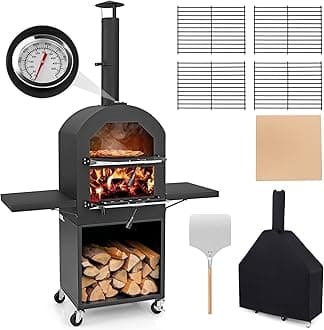 Giantex Pizza Oven Outdoor - Wood Fired Pizza Oven with 2 Side Tables, Pizza Stone, Pizza Peel, Cover, Cooking Grids, Pizza Maker on Wheels for Outside Charcoal Grill Backyard Party Camping