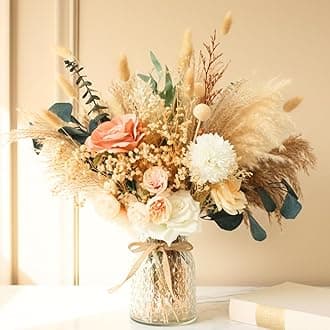 Luxury Floral Arrangement with Vase - Pampas Grass & Artificial Flowers for Kitchen Island, High End Centerpiece Decor, Coffee Table & Dining Table, Farmhouse Boho Home Decor with Dried Flowers