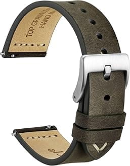 WOCCI 22mm Old-fashioned Watch Band for Men, Top Grain Leather, Silver Brushed Buckle (Grey Brown)