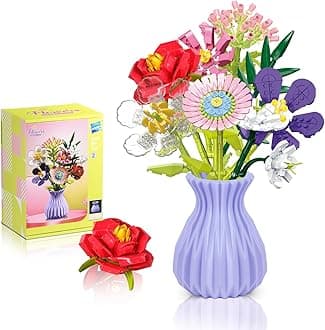 Flowers Bouquet Building Set with Vase, 8 Artificial Flowers Bouquet Set for Adults, Kids, Boys, Girls, Idea Gifts for Mother's Day, Birthdays, Creative DIY Plant Bouquet Decoration Botanical, 730PCS