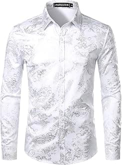 Men's Luxury Paisley Gold Shiny Printed Stylish Slim Fit Button Down Dress Shirt