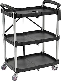 ELEVON Portable Folding Collapsible Service Cart Foldable Service Cart 3 Tier Collapsible Push Cart Folding Utility Carts with Wheels for Office Warehouse Home, Black