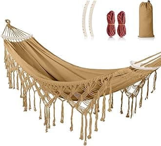MOSFiATA Backyard Hammock with Tassels Max 500lbs Canvas Fabric Bohemian Style with Thickened Rope and Carry Bag for Outdoor, Garden, Patio, Wedding Decor (Khaki)