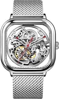 Men's Automatic Watch, C Series Full Hollow Skeleton Mechanical Analog Wristwatch with Milanese and Leather Strap Sapphire Crystal Mirror