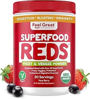 - ​Feel Great Organic Superfood Reds Powder Packed with Beet Root Powder | Digestive Support Including Bloating Relief | Fruit and Veggie Polyphenols Supplement.