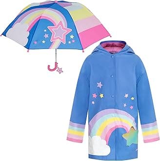 addie & tate Kids Umbrella for Girls and Boys & Rain Coats Set -Toddler Umbrellas Kids Raincoat Boys Girls Jacket (3-9 Years), Rainbow/Stars, 3-5 Years