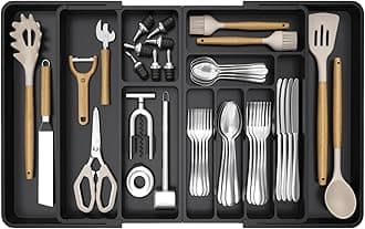 Utensil Organizer for Kitchen Drawer, Expandable Cooking Silverware Tray, Adjustable Cutlery Flatware Holder, Plastic Spatula Tools Storage Divider, 21.3- 36 x 16.9", Black
