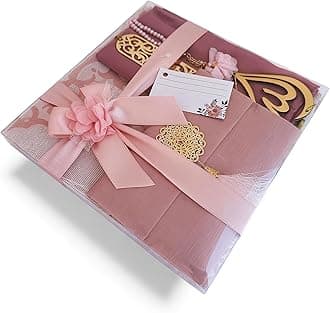 SAIKA Muslim Prayer Rug, 7 in One Gift Set, Prayer Mat Surah Book, Tasbeeh, Scarf, Surah Case, Bookmark, Car Mirror Hanger, Prayer Beads,Islamic Gift for Umrah, Hajj, Wedding, Janamaz (Rose)