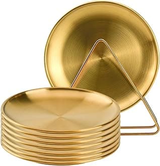 8-piece 6.5-inch appetizer plate with stand set Gold silver stainless steel round plates Suitable for cakes desserts, salads, dips, snacks, side dishes (Gold, 6.5inch)
