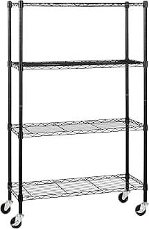 Amazon Basics 4-Shelf Adjustable, Heavy Duty Storage Shelving Unit on 7.62 cm Wheel Casters, Metal Organizer Wire Rack, Black, 91.4 cm L x 110.16 cm W x 146 cm H