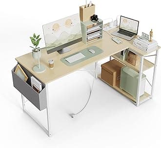 TIQLAB Small Computer Desk with Power Outlets, 40 Inch L Shaped Desk with Reversible Shelves, Gaming Desk Corner Desk Study Writing Table for Home Office Bedroom Living Room, Beige