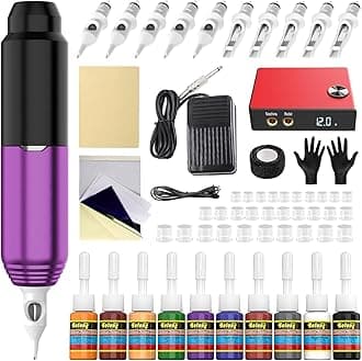 Tattoo Kits Tattoo Machine Tattoo Pen with 1500mAh Power Supply and LCD Display Red Purple