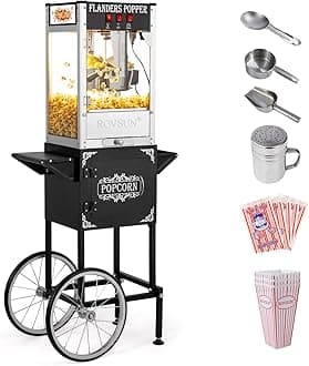 ROVSUN Popcorn Machine with Cart, Wheels & 8 Ounce Kettle Makes Up to 32 Cups, Popcorn Maker with Popcorn Scoop, Oil Spoon & 3 Popcorn Cups Movie Theater Style for Commercial Home, ETL Certified