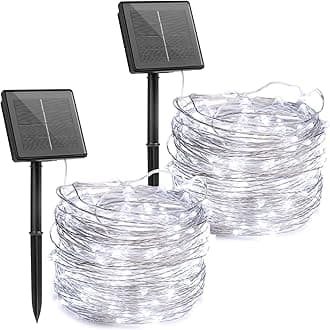 Brightown Outdoor Solar String Lights, 2 Pack 33 Feet 100 Led Solar Powered Fairy Lights with 8 Modes Waterproof Decoration Copper Wire Light for Patio Yard Trees Christmas Wedding Party (Pure White)
