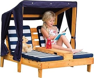 KidKraft Wooden Outdoor Double Chaise Lounge with Cup Holders, Kid's Patio Furniture, Honey Navy and White Striped Fabric, Gift for Ages 3-8