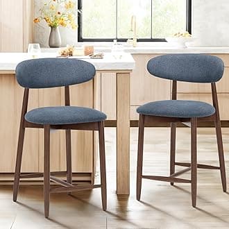 COLAMY Mid Century Modern Blue Wooden Bar Stools Set of 2, Counter Height with Back, 25 Inch Padded Fabric Seat, 250 Lbs Weight Limit