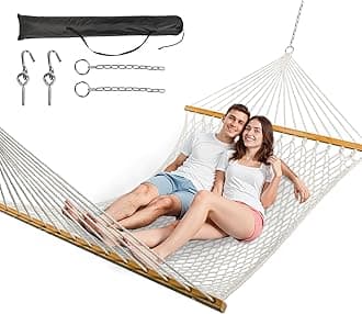 AGAGOO Double Hammock for 2 Person, Handwoven Cotton Rope Hammock with Spreader Bar - Indoor & Outdoor Use for Patio, Poolside, Backyard, White