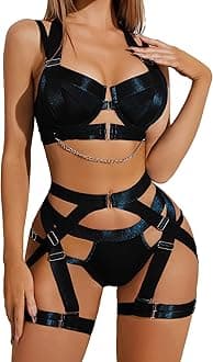 Lingerie Set for Women Sexy Strappy Lingerie Underwire Push Up Bra Garter Set Lingerie with Chain