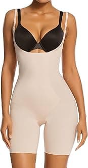 SHAPERX Women Body Shaper Tummy Control Seamless Shapewear Open Bust Mid-Thigh Bodysuit Shorts
