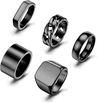 Sanfenly5 PCS 14K Gold Rings for Men Mens Gold Ring Mens Stainless Steel Rings Square Signet Rings Pinky Thumb Ring Chunky Thick Band Cuban Link Chain Ring Cool Finger Ring Wedding Band Ring for Men（Size 7-15）