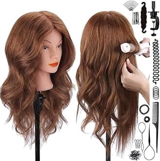 Mannequin Head with 100% Human Hair, SZCY LLC 18" Dark Brown Real Hair Cosmetology Mannequin Head Hair Styling Hairdressing Practice Training Doll Heads with Clamp Holder and Tools