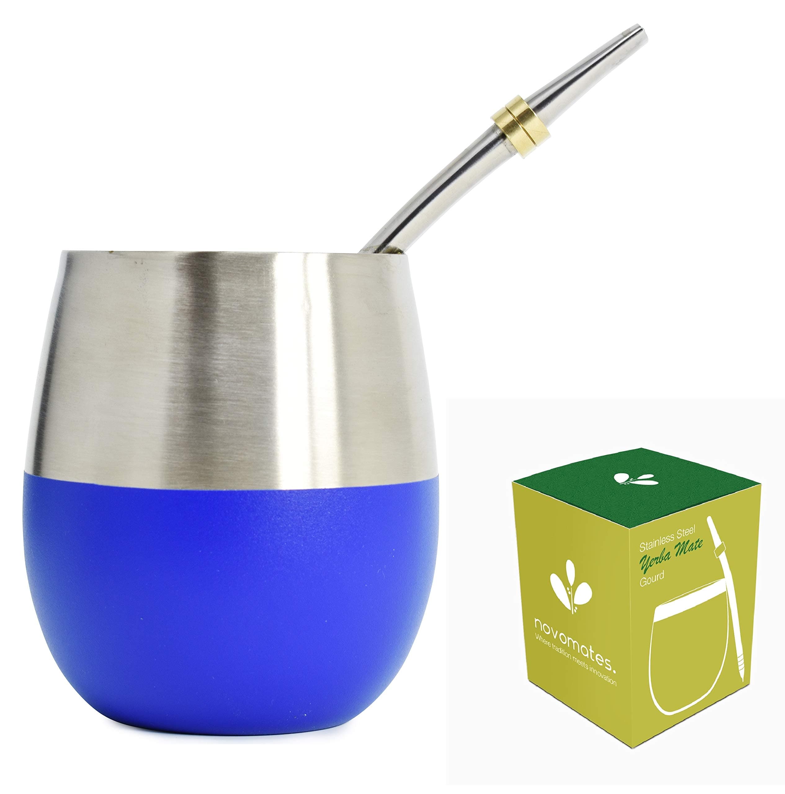 Novomates Yerba Mate Cup - Best Yerba Mate Set - Includes Double Wall Stainless Steel Yerba Mate Tea Cup with Stainless Steel Yerba Mate Straw Mate Cup 8oz (Blue, 237ml)