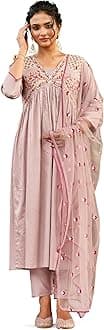 WomanistaWomen's Cotton Blend Floral Yoke Design Pleated Thread Work Kurta Trouser With Dupatta Set (Kurtaset_1214)