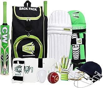 CW Bullet Right Hand Green Cricket Kit Full Size for 14+ & Up Yrs. Kashmir Willow Bat Leather Ball Sports Backpack Large Club Level Match Quality Cricket Full Kit