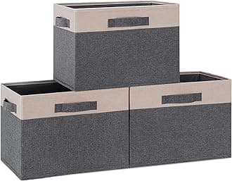 GhvyenntteS Large Fabric Storage Bins for Shelves with 3 Handles, 15x11x9.6 Inch Closet Storage Bins, Sturdy Foldable Storage Baskets for Shelves Closet Bedroom Living Room Office (Beige, Set of 3)